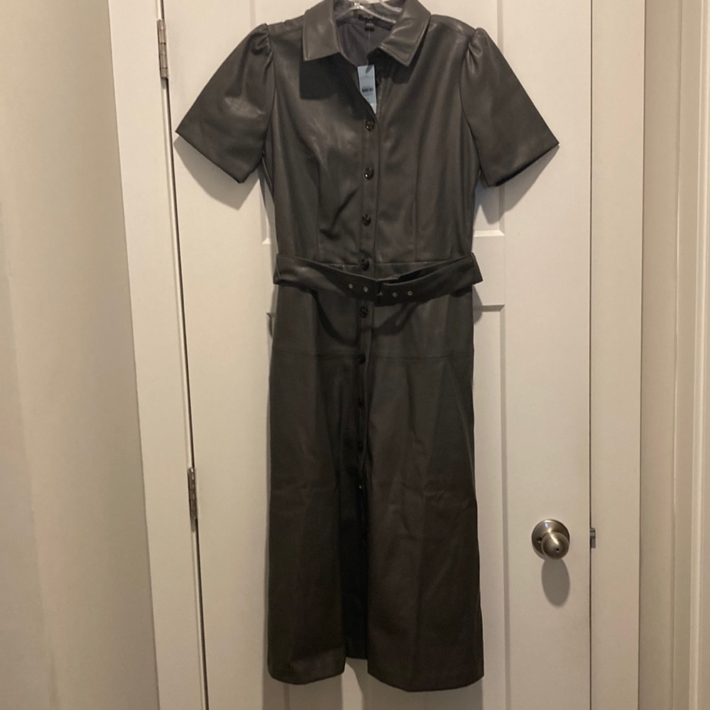 Faux Leather Shirtdress, size-4P, Grey, buttons front, machine washable